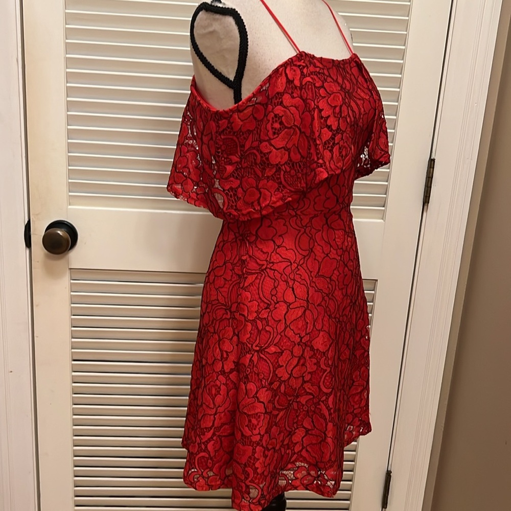GB Dress~ Elegant Red Lace Off-Shoulder in Red with Black, Size XS, EUC - Picture 10 of 17